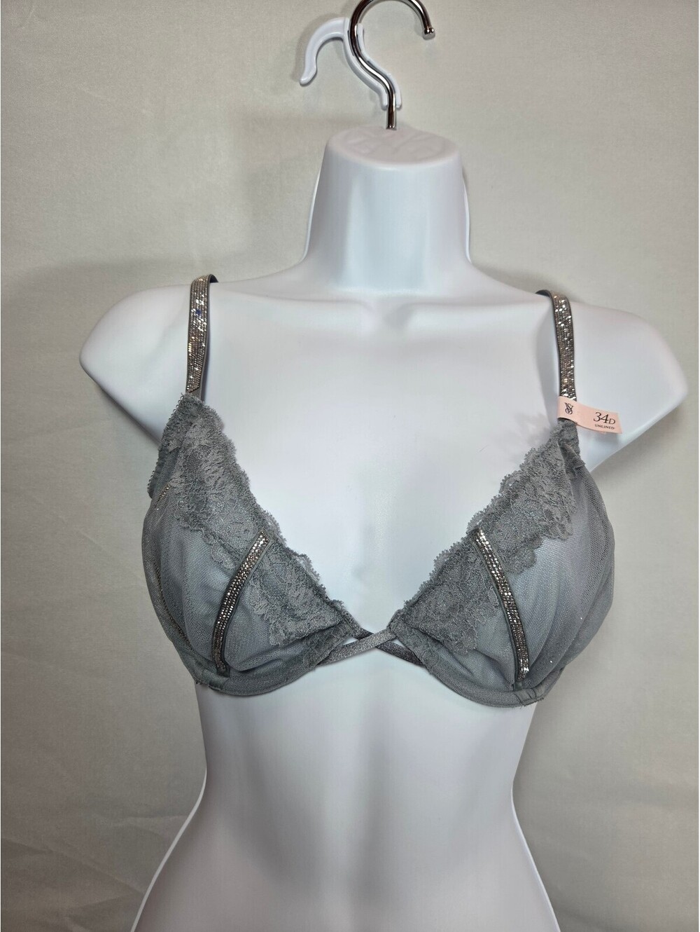 Victoria’s Secret Very Sexy Unlined Bra 34D Gray Lace Rhinestone NWT
